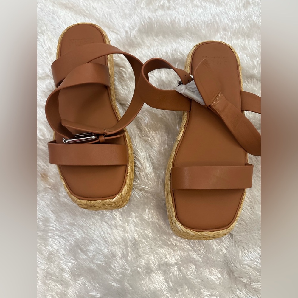 Donna Karan Pure sandals brown leather Lolah platform chunky raffia size 9M